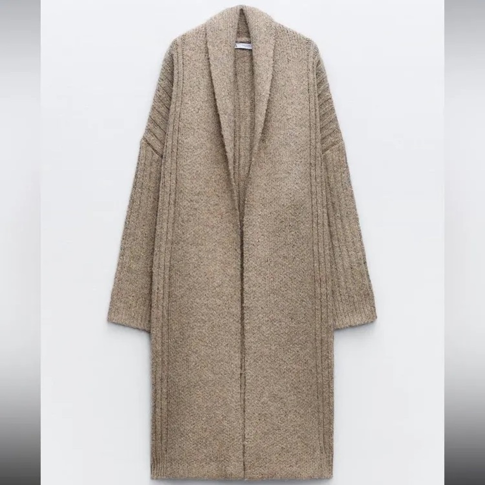 Zara Sweaters, Chunky Knit Cardigan Coat, Cream/Tan, size L.